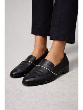 Freda Salvador Black Leather Loafers Gold Bar Slip On Italy Women’s Size 8